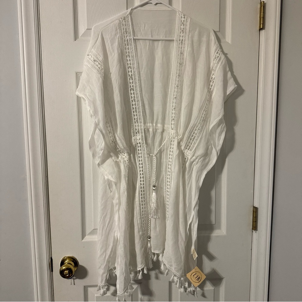 NWT WOMEN L.I.B NEW YORK TASSEL FLUTTER SLEEVE WAIST TIE COVER-UP DRESS WHITE M
